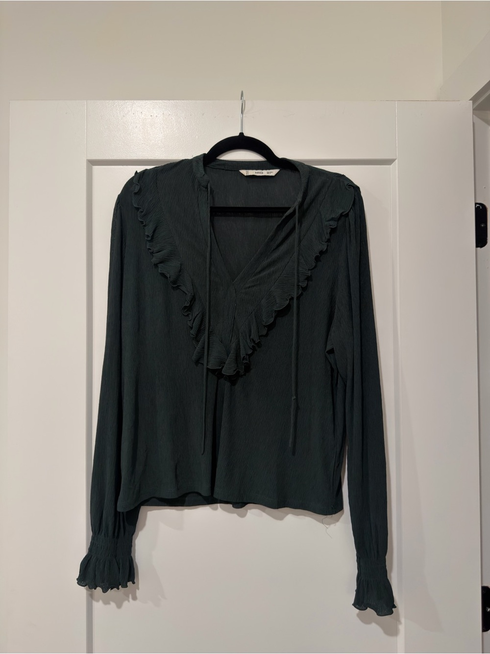 Mango Dark Green Ruffle V-Neck Tie Blouse